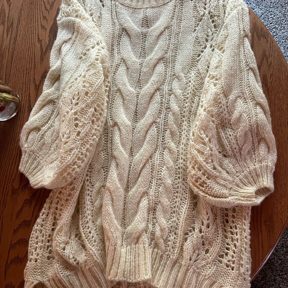 Three Bird Nest Cream Crew Neck Dress with Intricate Knit Patterns